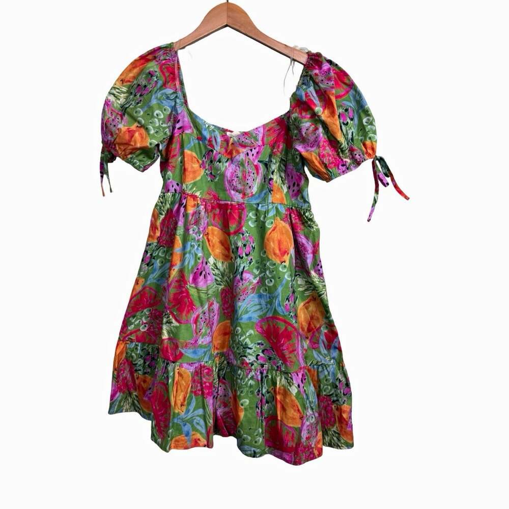 Entro Multicolor Fruit Print Square Neck Puff Sleeve Smocked A-Line Dress M